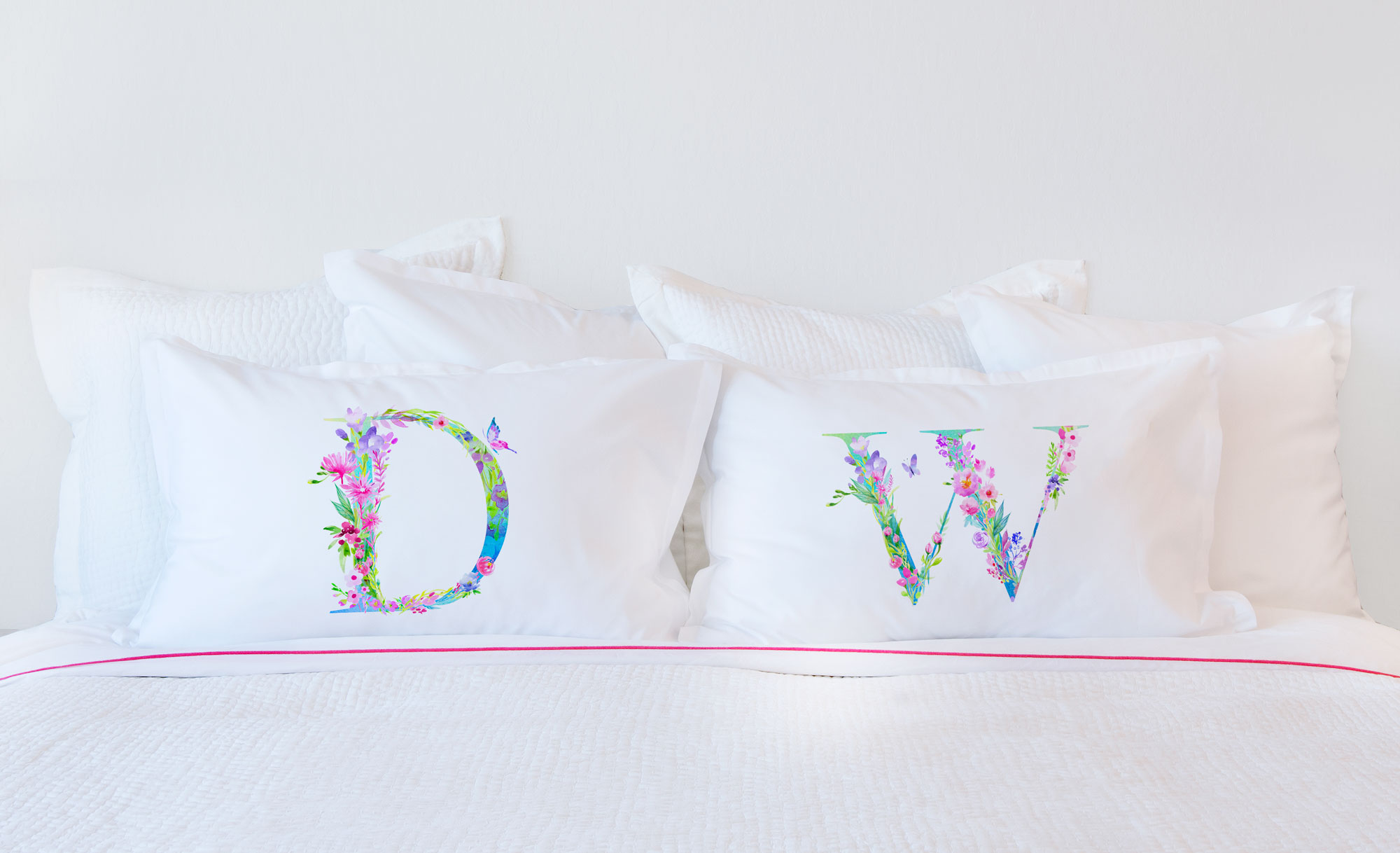 Floral Watercolor Monogram Letter W Pillowcase