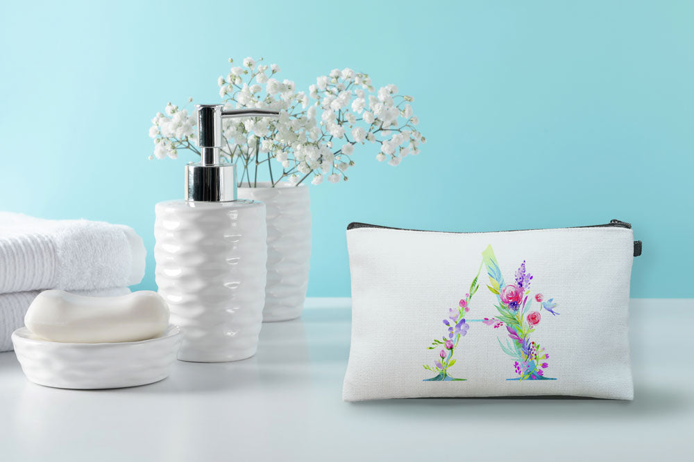 Floral Watercolor Monogram Letter A Makeup Bag