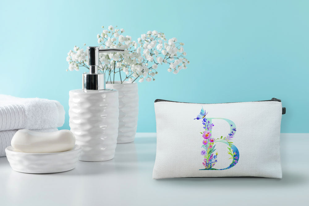 Floral Watercolor Monogram Letter B Makeup Bag