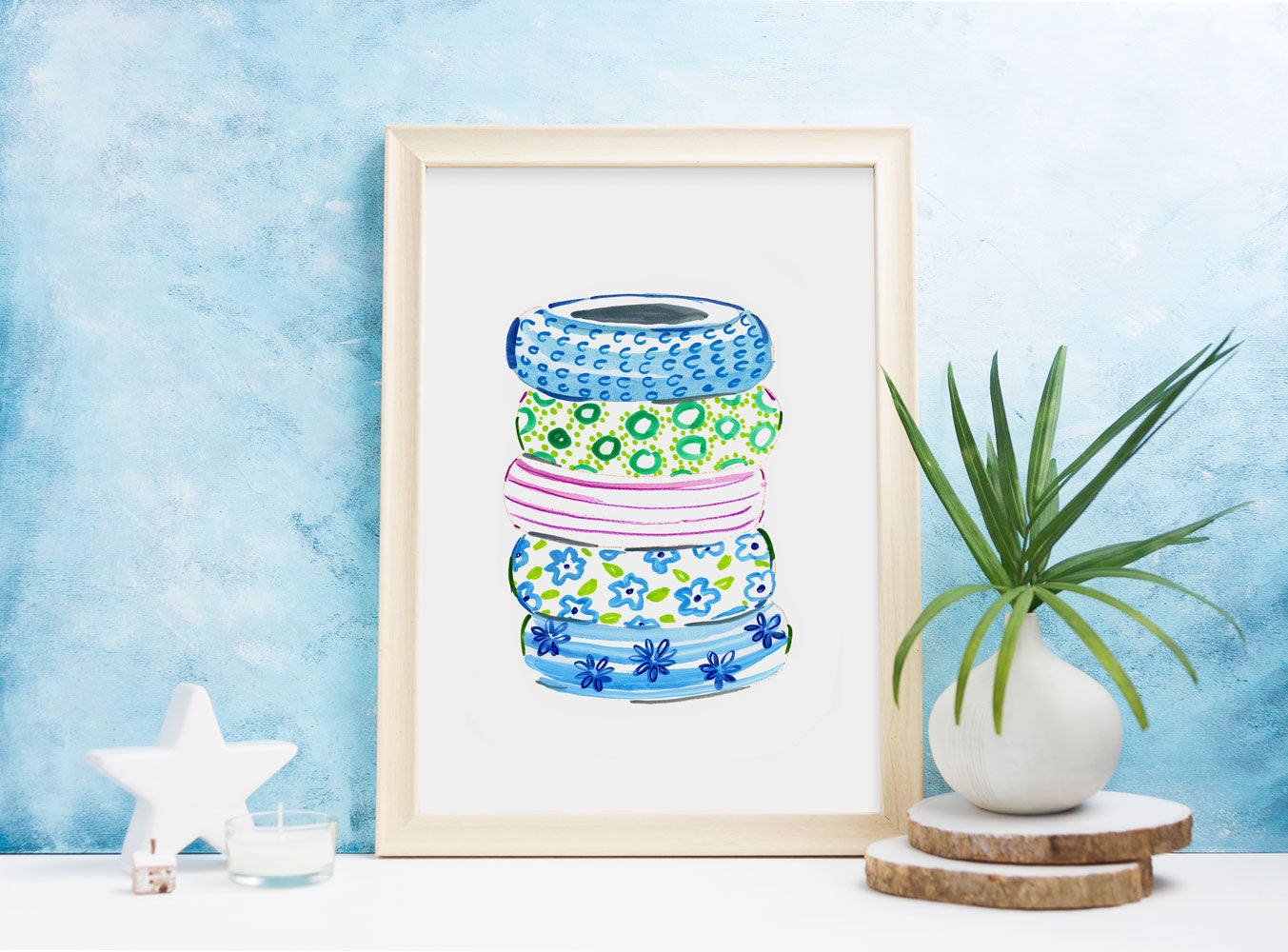 Blue Bangles Art Print - Fashion Illustration Wall Art Collection-Di Lewis