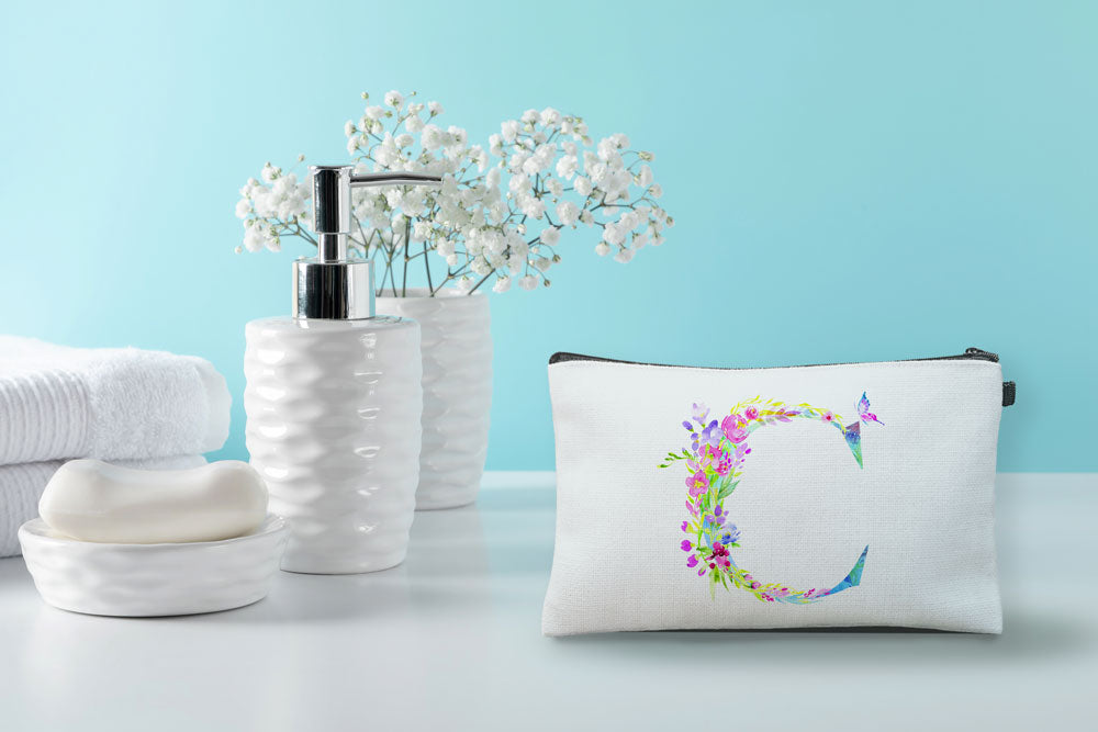 Floral Watercolor Monogram Letter C Makeup Bag