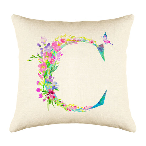 Floral Watercolor Monogram Letter C Throw Pillow Cover