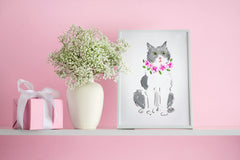 Grey and White Cat Art Print - Cat Illustrations Wall Art Collection-Di Lewis