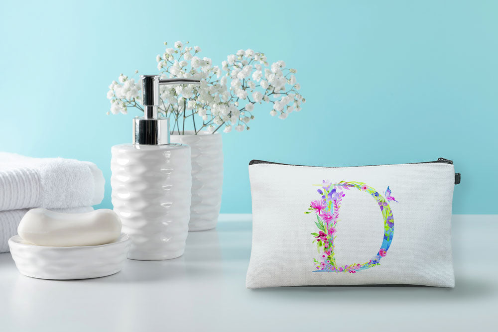 Floral Watercolor Monogram Letter D Makeup Bag