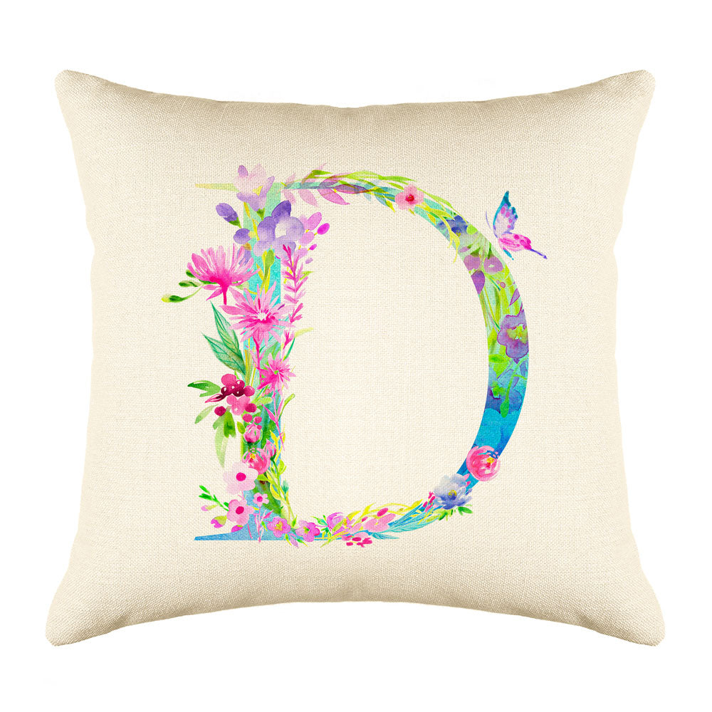 Floral Watercolor Monogram Letter D Throw Pillow Cover