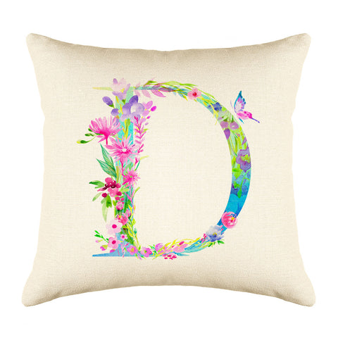 Floral Watercolor Monogram Letter D Throw Pillow Cover