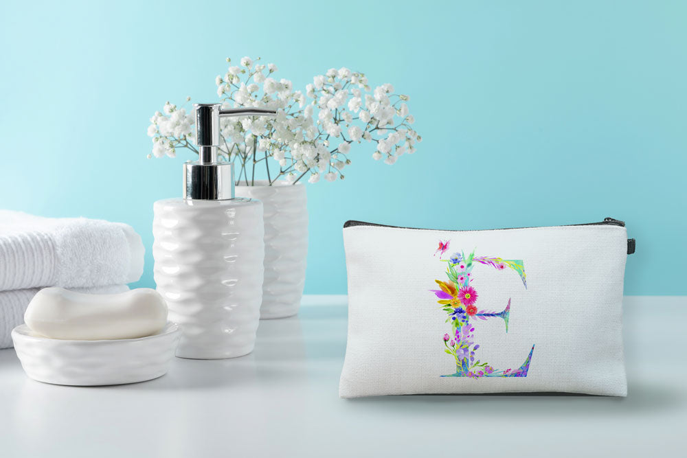 Floral Watercolor Monogram Letter E Makeup Bag