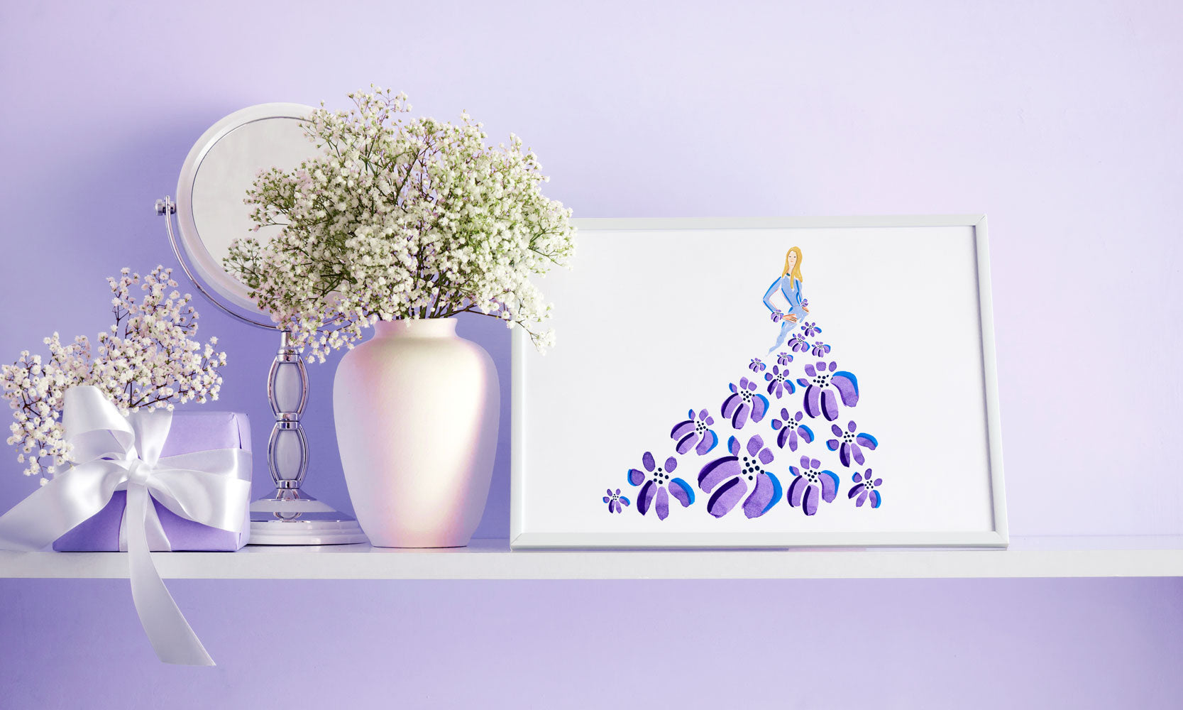 Fashionista Purple Blue Art Print - Fashion Illustration Wall Art Collection-Di Lewis