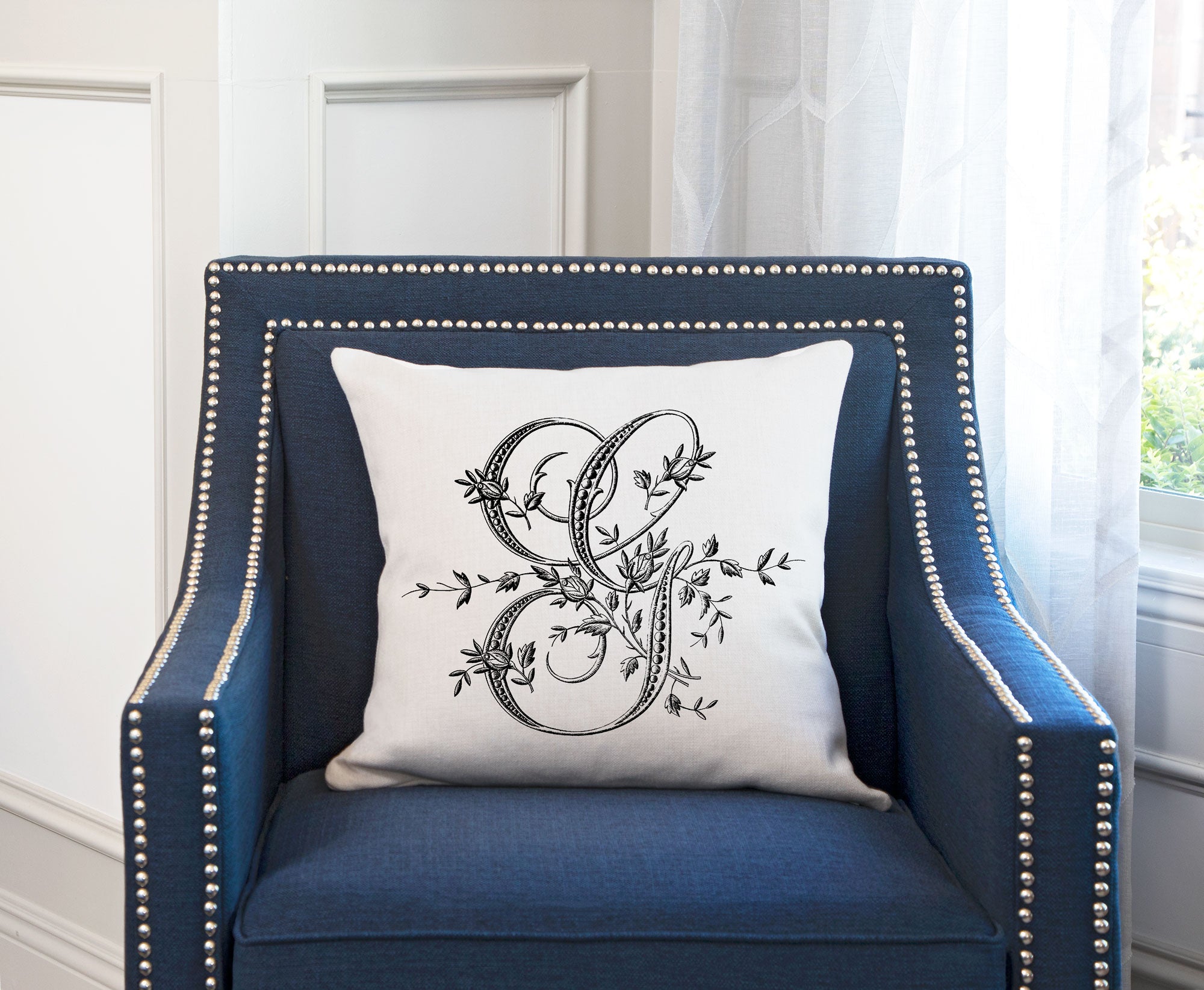 Vintage French Monogram Letter G Throw Pillow Cover