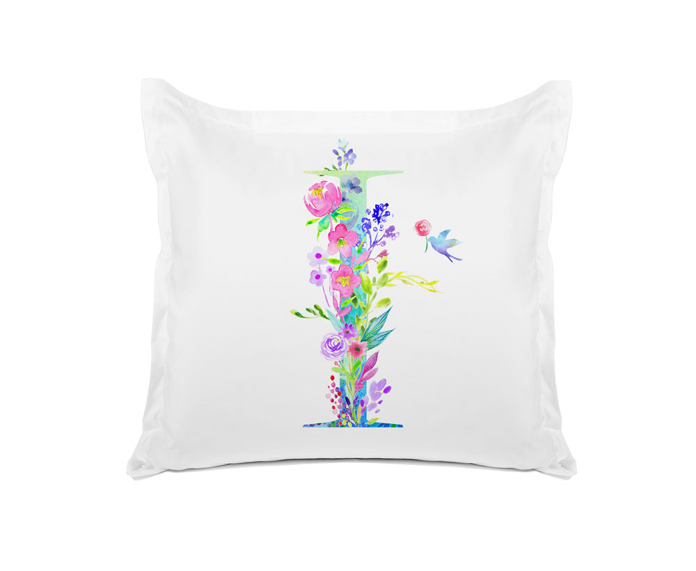 Floral Watercolor Monogram Letter I Pillowcase