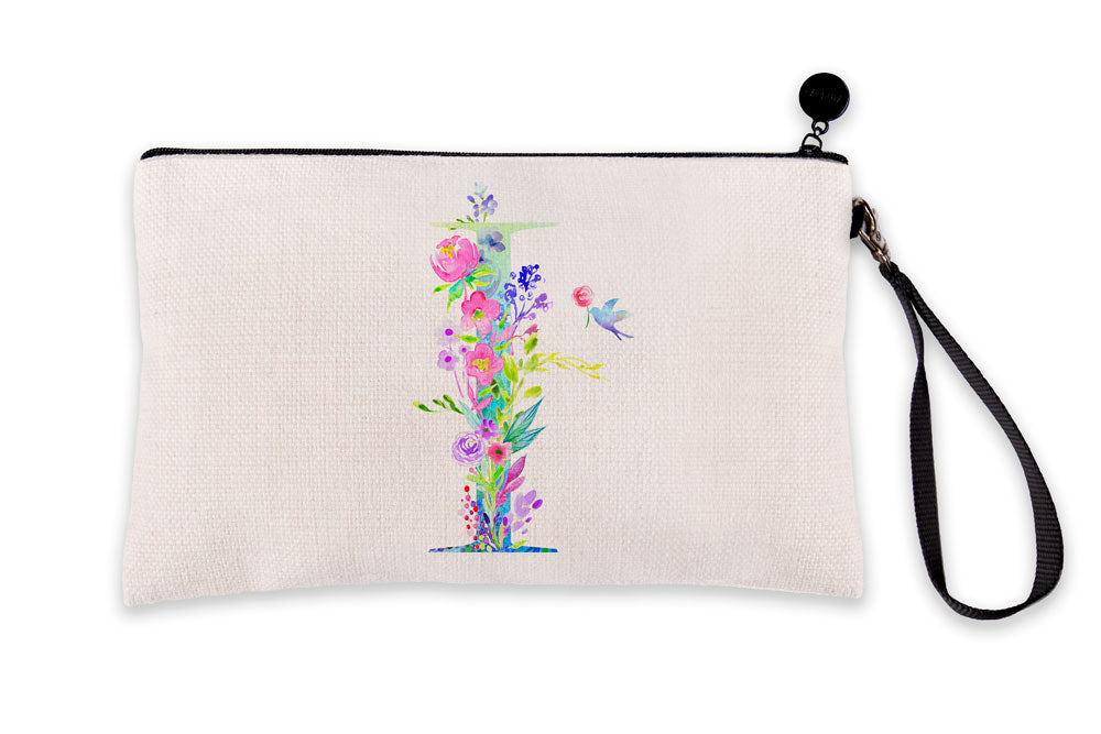 Floral Watercolor Monogram Letter I Makeup Bag