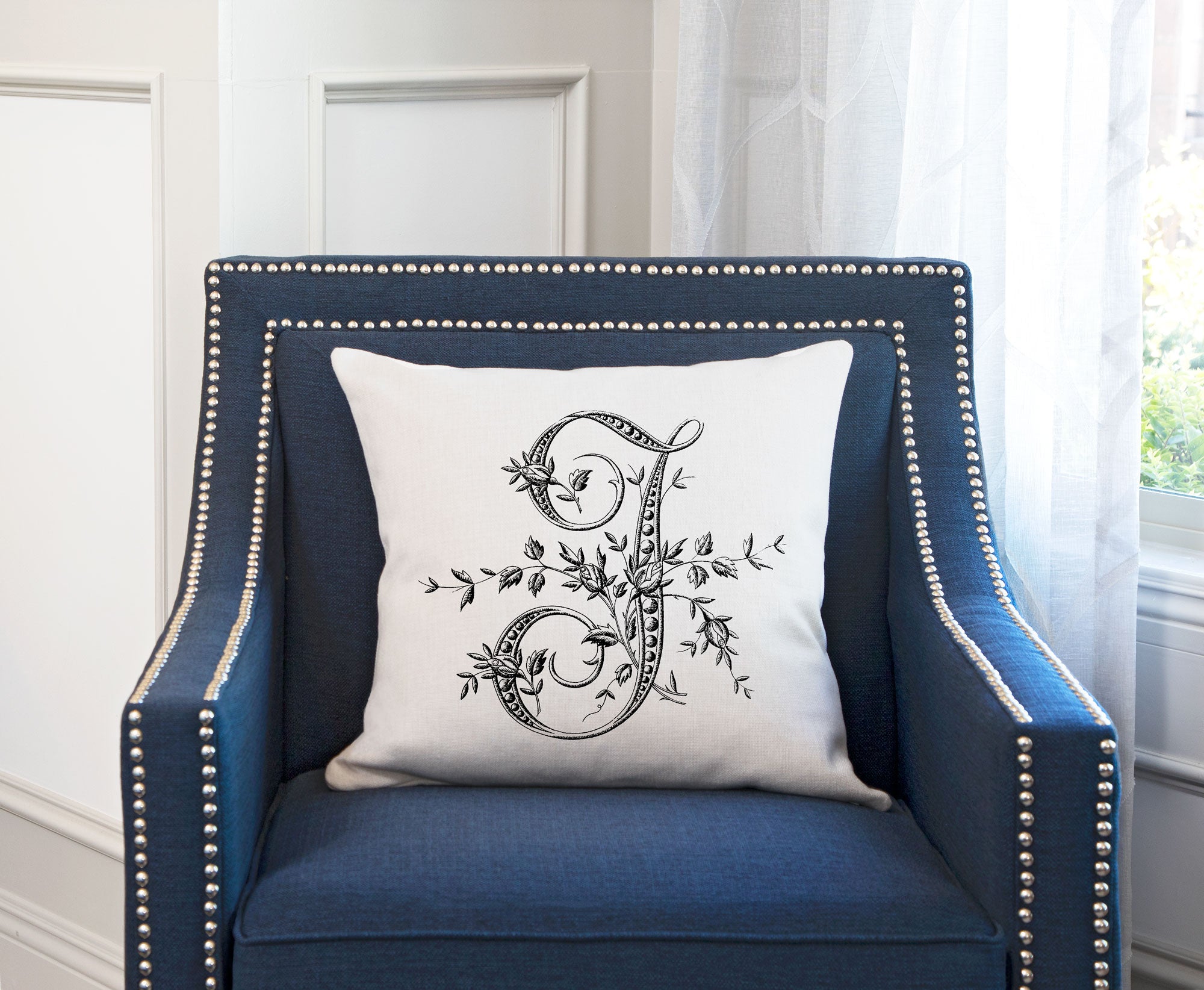 Vintage French Monogram Letter J Throw Pillow Cover