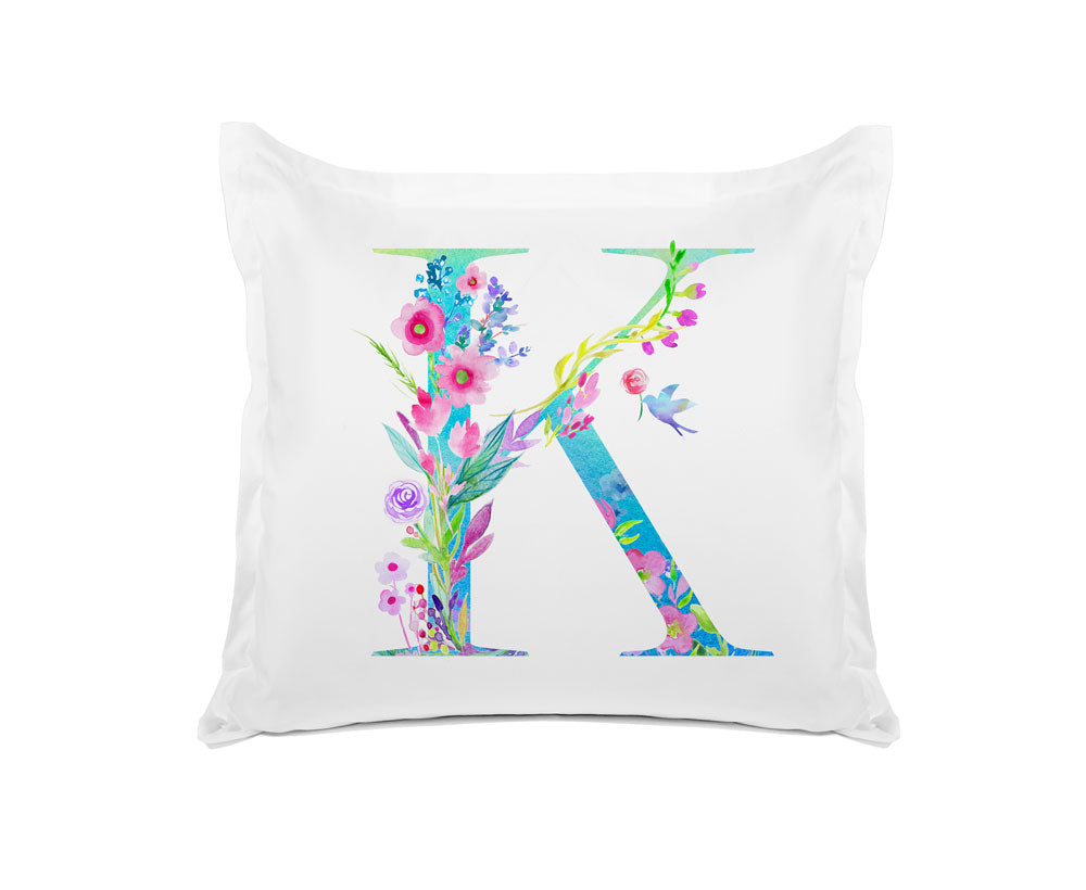 Floral Watercolor Monogram Letter K Pillowcase