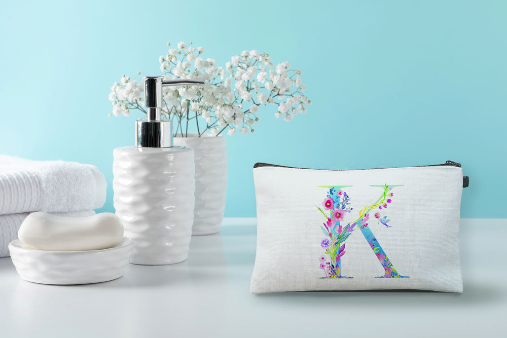 Floral Watercolor Monogram Letter K Makeup Bag