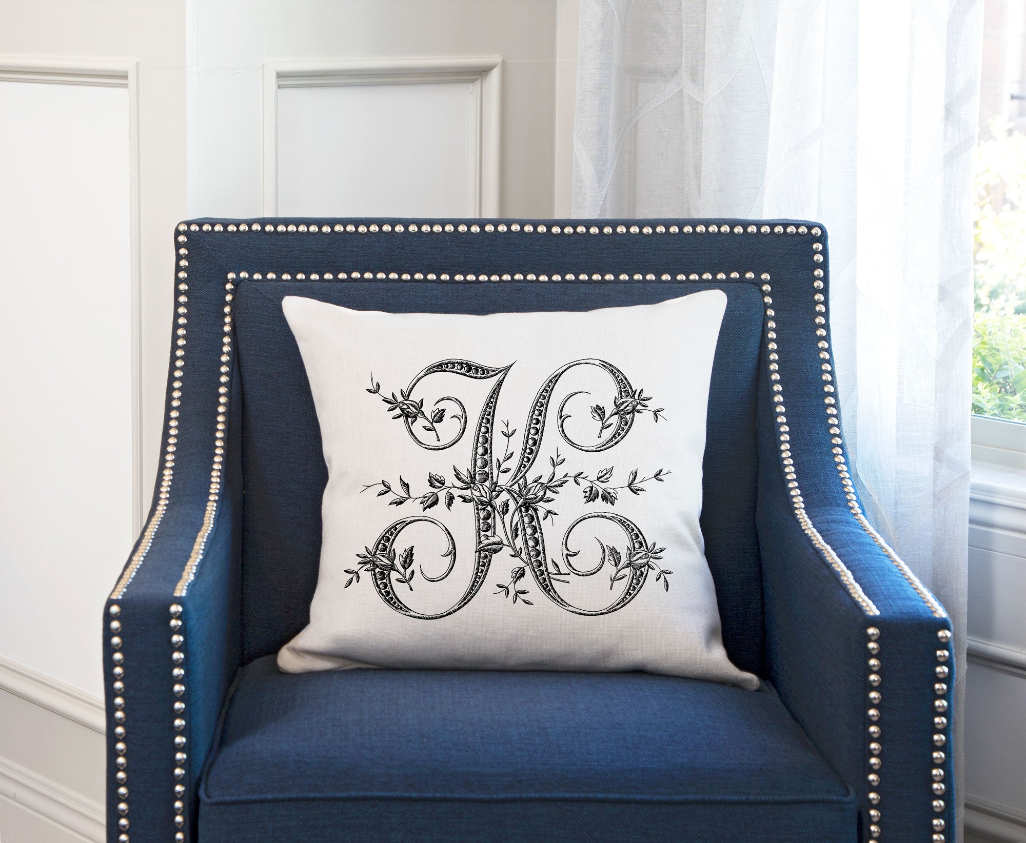 Vintage French Monogram Letter K Throw Pillow Cover
