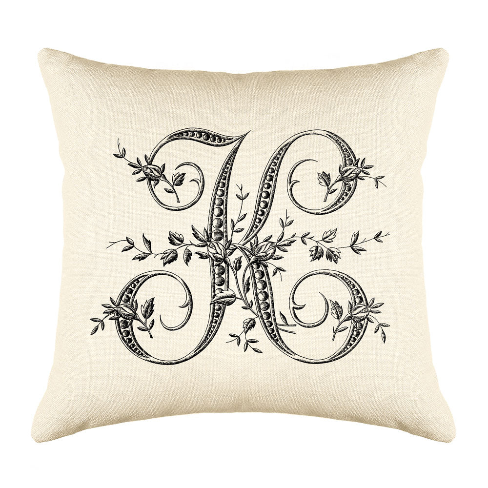 Vintage French Monogram Letter K Throw Pillow Cover