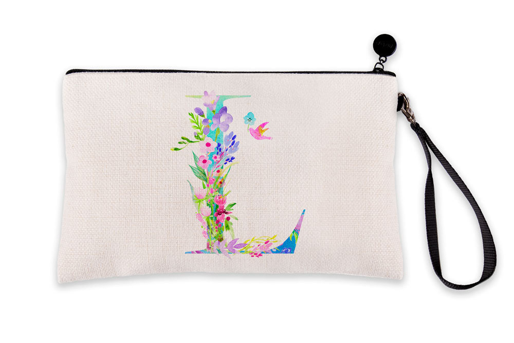 Floral Watercolor Monogram Letter L Makeup Bag