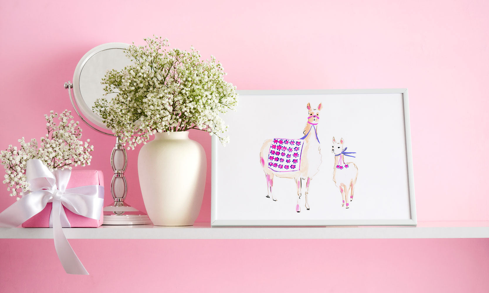 Pinot And Camillia Llama Art Print - Animal Illustrations Wall Art Collection-Di Lewis