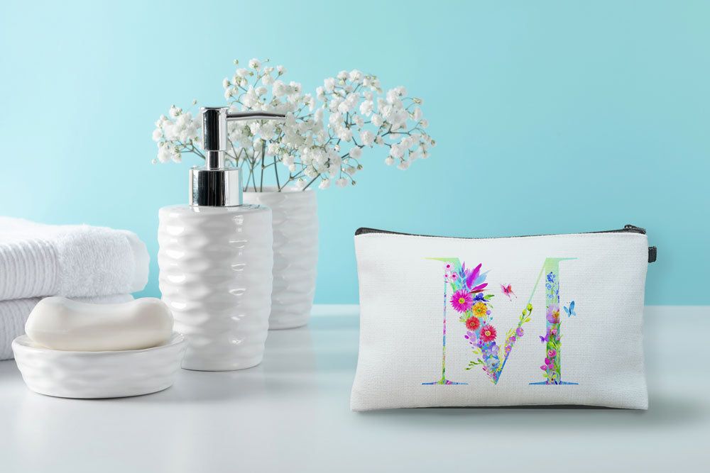 Floral Watercolor Monogram Letter M Makeup Bag