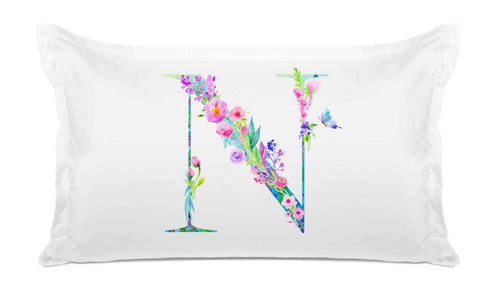 Floral Watercolor Monogram Letter N Pillowcase