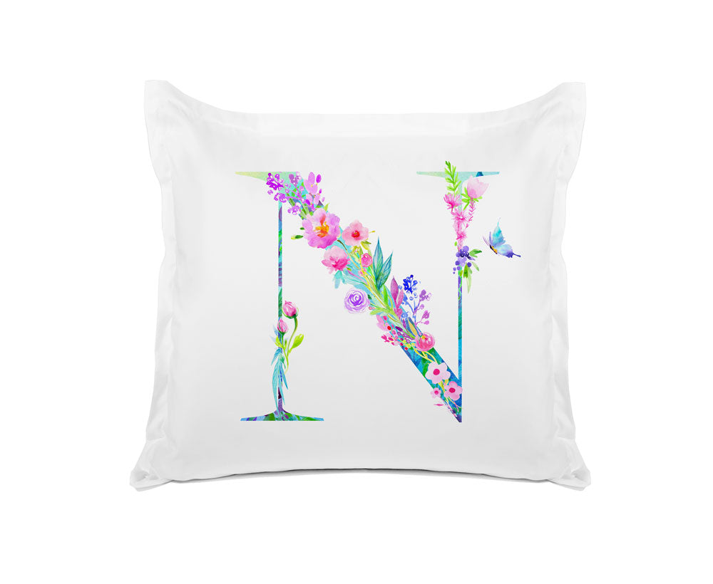 Floral Watercolor Monogram Letter N Pillowcase