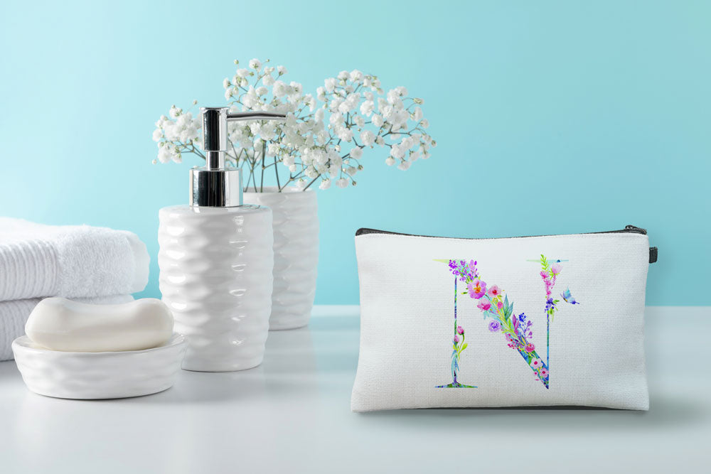 Floral Watercolor Monogram Letter N Makeup Bag