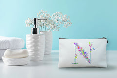 Floral Watercolor Monogram Letter N Makeup Bag