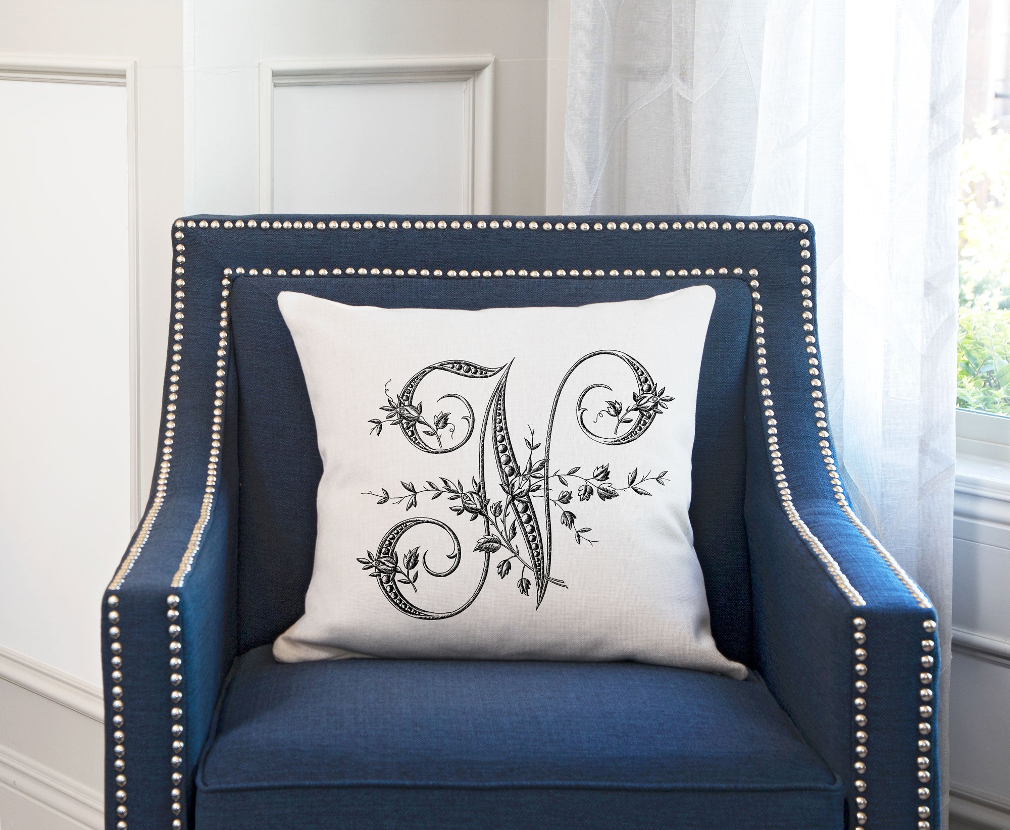 Vintage French Monogram Letter N Throw Pillow Cover