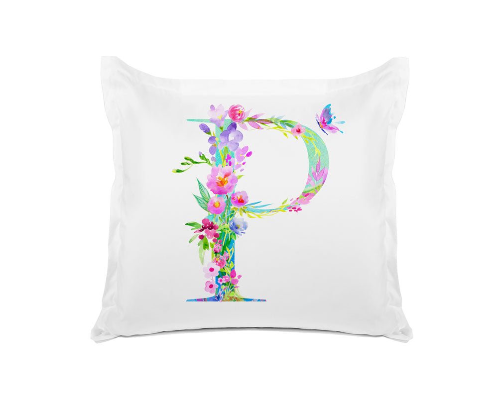 Floral Watercolor Monogram Letter P Pillowcase