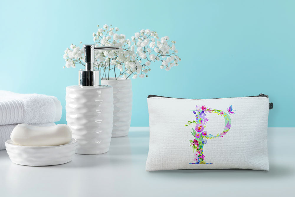 Floral Watercolor Monogram Letter P Makeup Bag