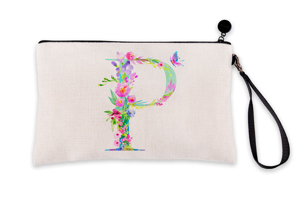 Floral Watercolor Monogram Letter P Makeup Bag