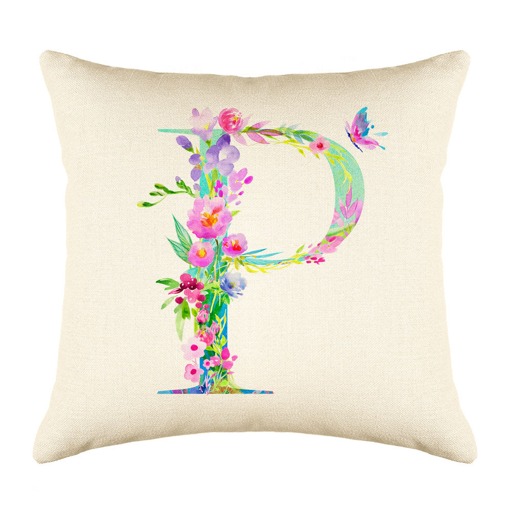 Floral Watercolor Monogram Letter P Throw Pillow Cover
