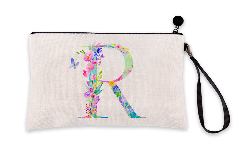 Floral Watercolor Monogram Letter R Makeup Bag