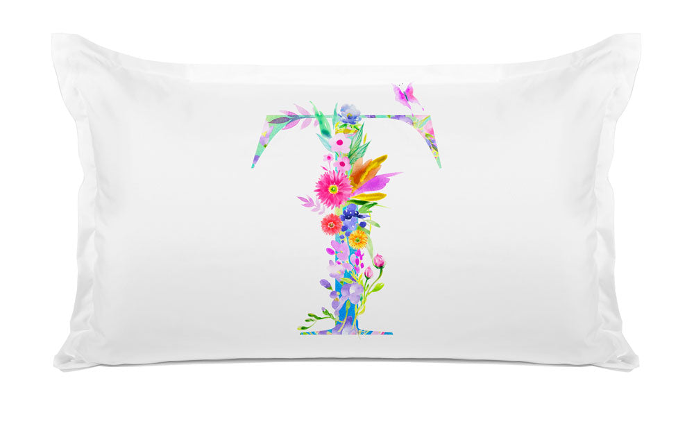 Floral Watercolor Monogram Letter T Pillowcase