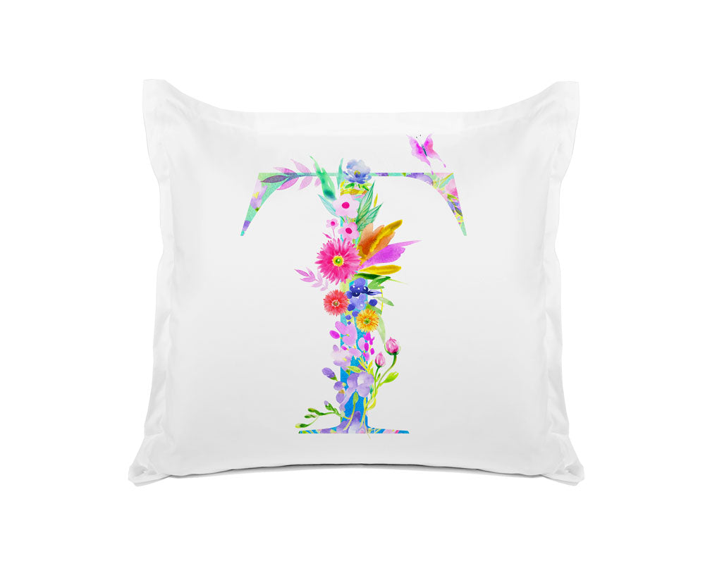 Floral Watercolor Monogram Letter T Pillowcase