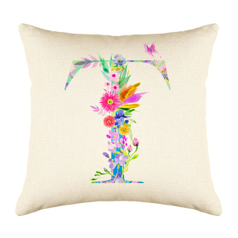 Floral Watercolor Monogram Letter T Throw Pillow Cover