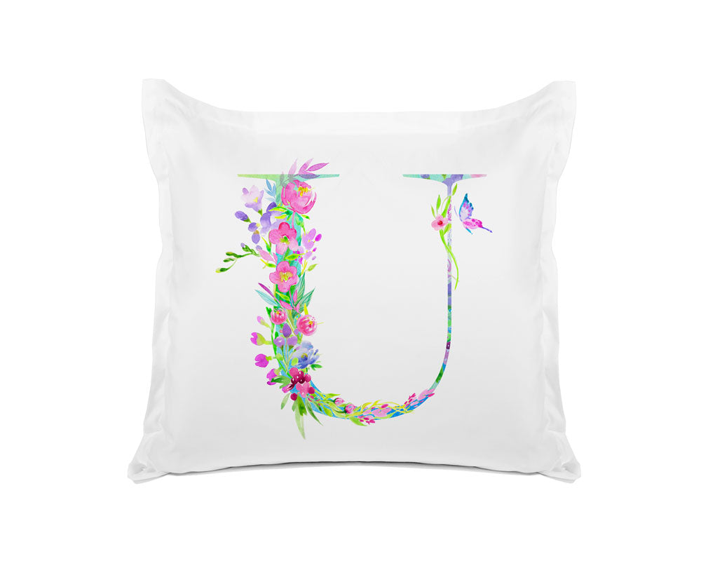 Floral Watercolor Monogram Letter U Pillowcase