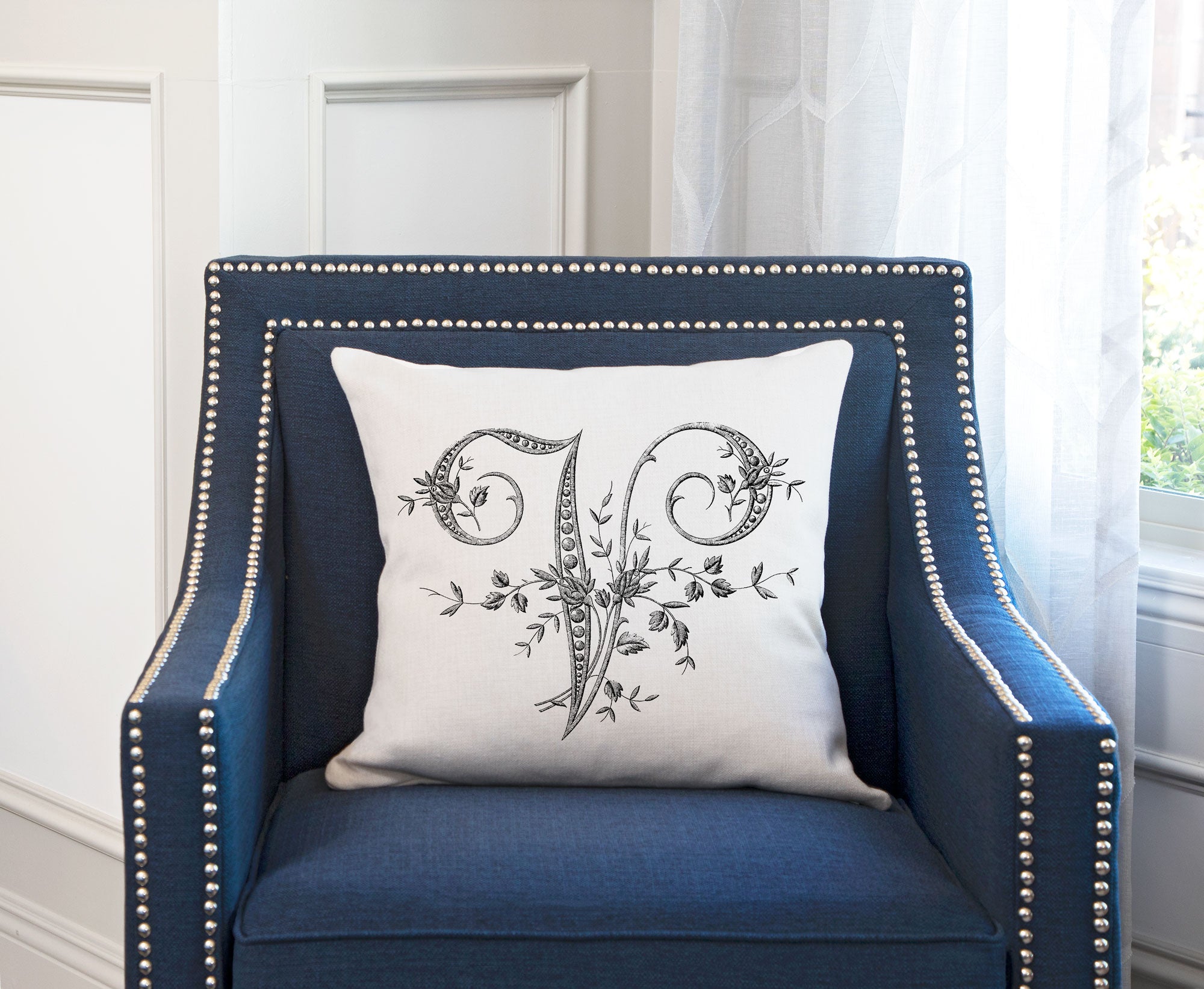 Vintage French Monogram Letter V Throw Pillow Cover