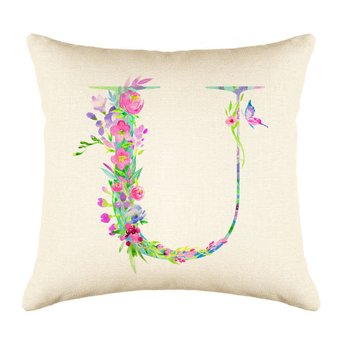 Floral Watercolor Monogram Letter U Throw Pillow Cover