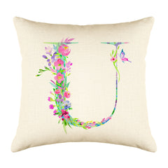 Floral Watercolor Monogram Letter U Throw Pillow Cover