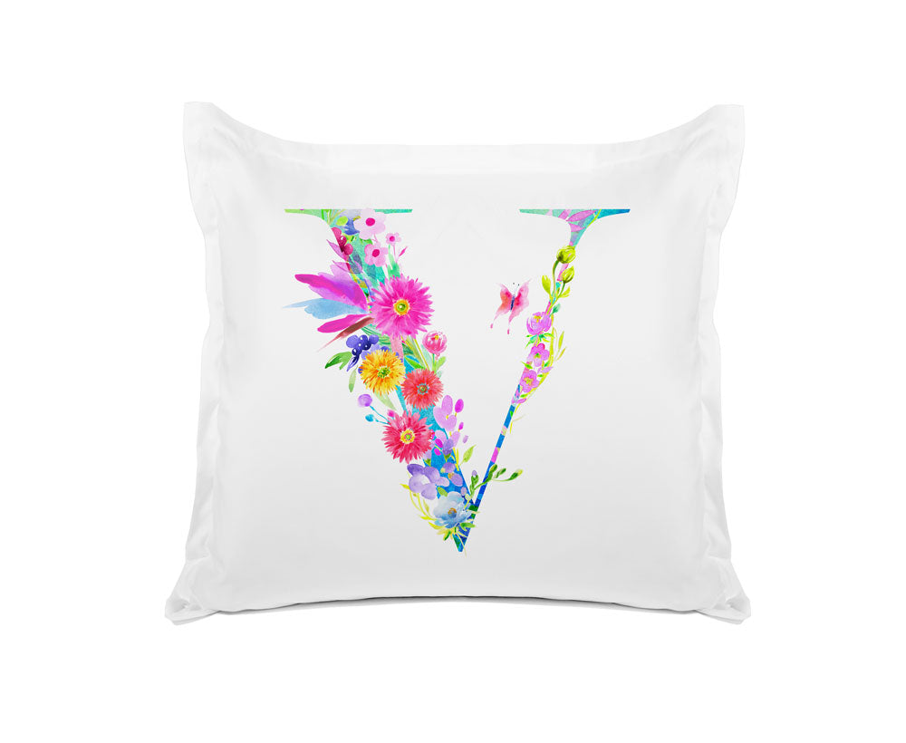 Floral Watercolor Monogram Letter V Pillowcase