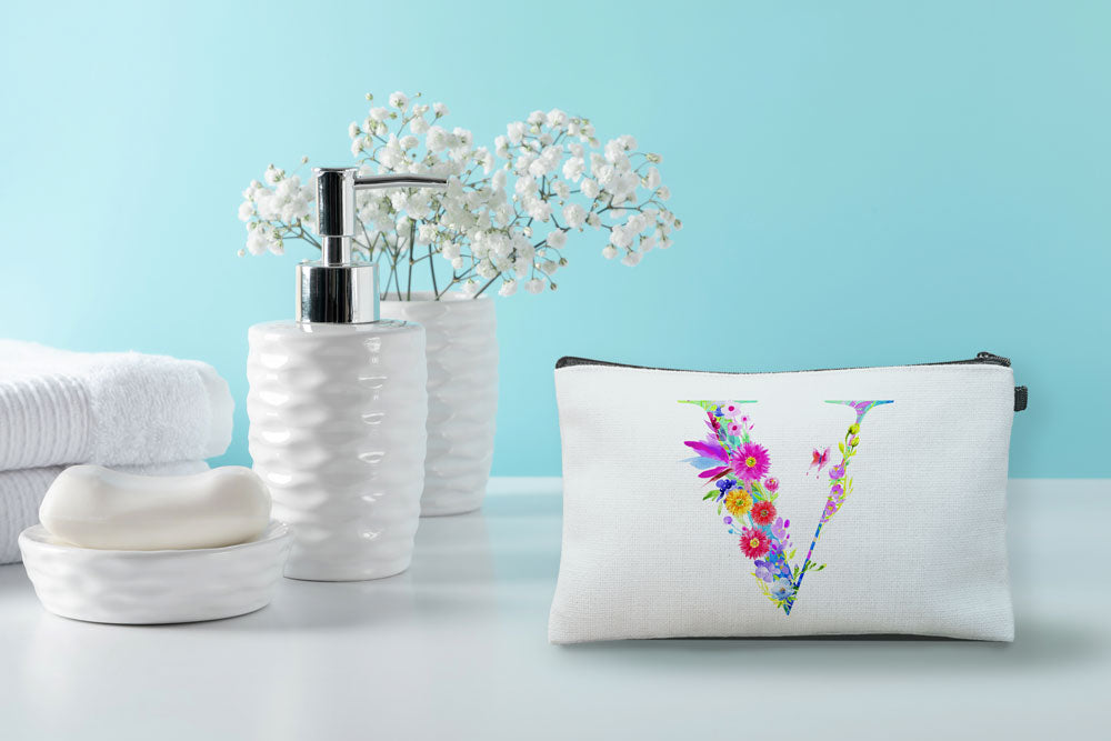 Floral Watercolor Monogram Letter V Makeup Bag