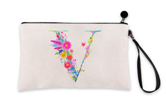 Floral Watercolor Monogram Letter V Makeup Bag