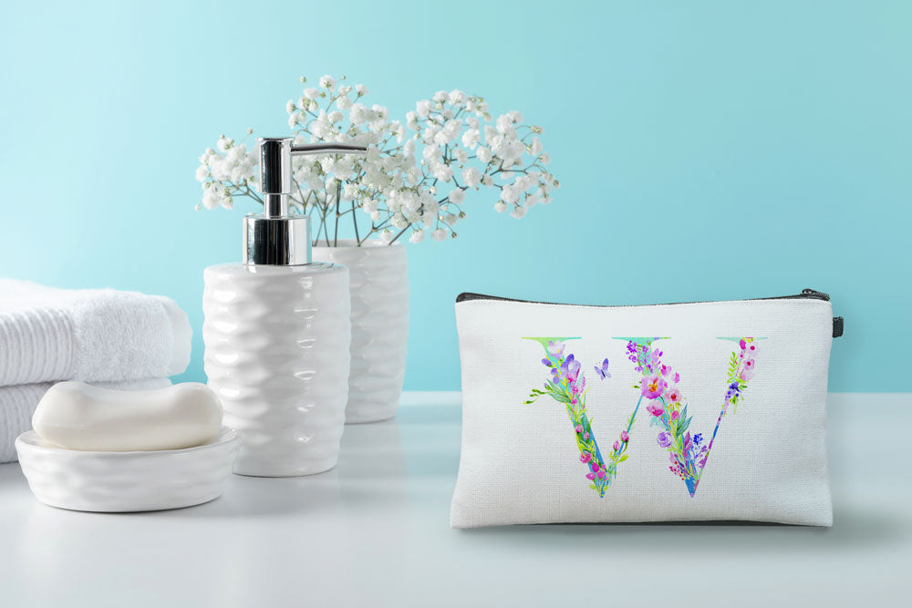 Floral Watercolor Monogram Letter W Makeup Bag