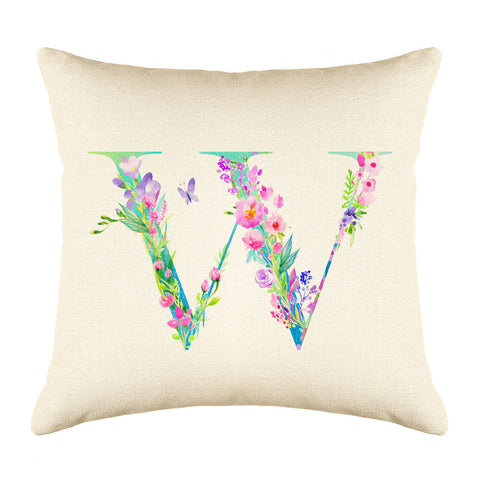 Floral Watercolor Monogram Letter W Throw Pillow Cover