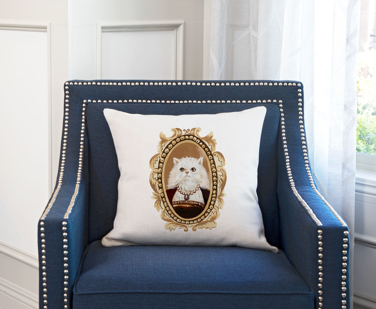 White Persian Cat Portrait Throw Pillow Cover - Cat Illustration Throw Pillow Cover Collection-Di Lewis