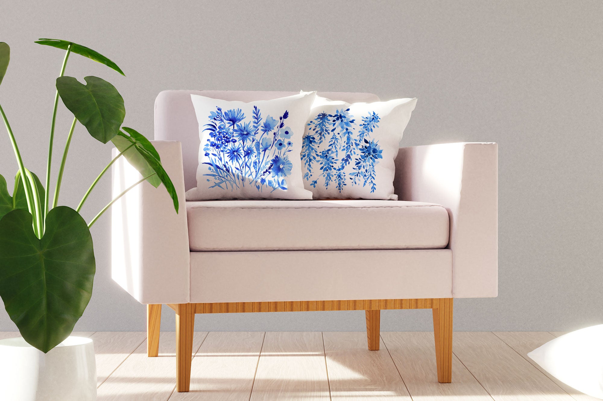 Blue Botanical Floral Throw Pillow Cover - Decorative Designs Throw Pillow Cover Collection