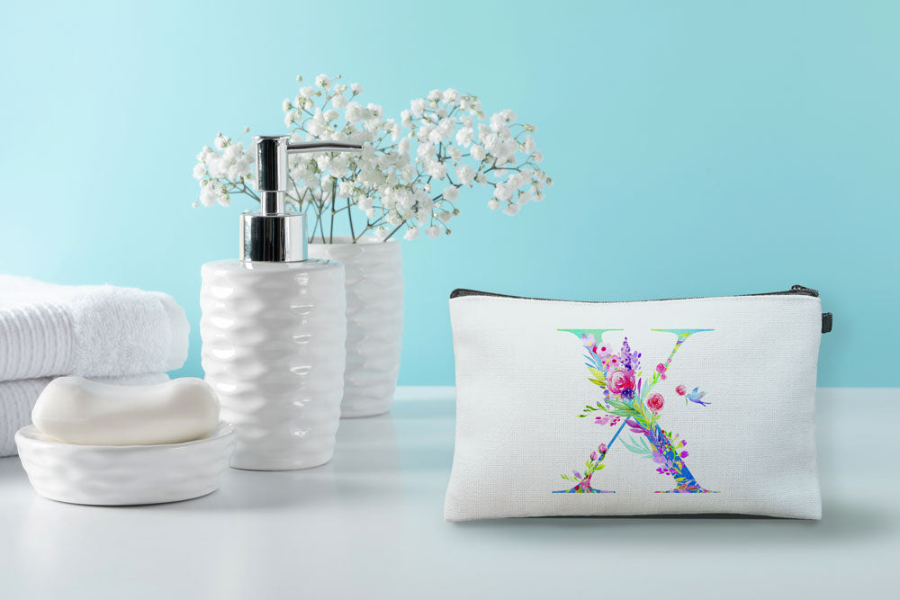 Floral Watercolor Monogram Letter X Makeup Bag