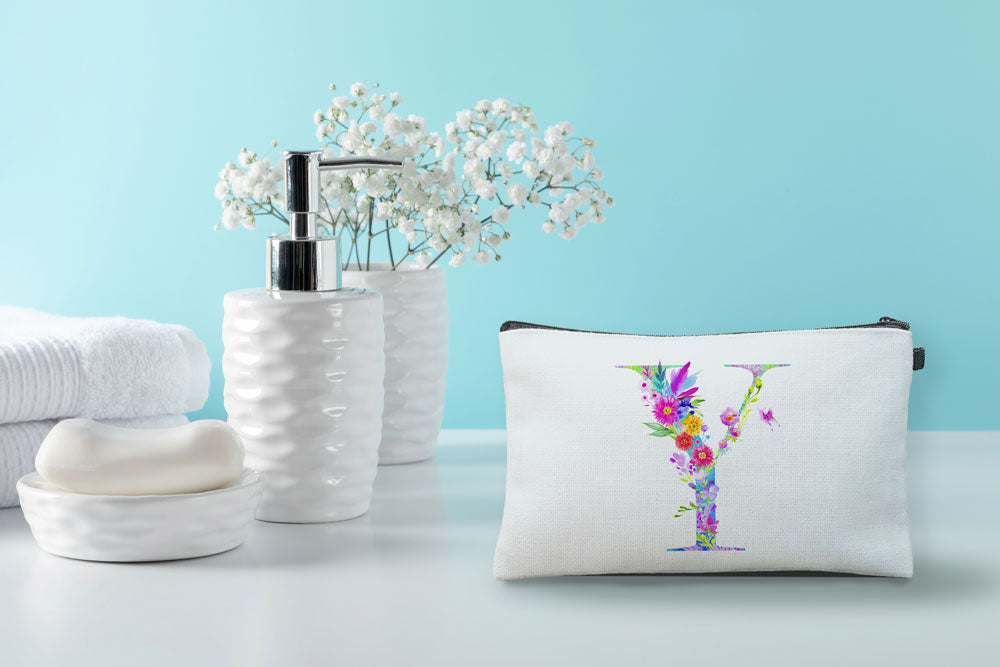 Floral Watercolor Monogram Letter Y Makeup Bag