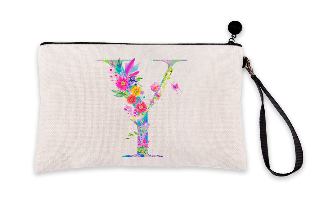 Floral Watercolor Monogram Letter Y Makeup Bag